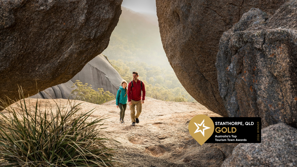 Two people hiking in Girraween National Park.